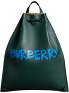 Burberry Graffiti Print Bonded Leather Drawcord Backpack - Green
