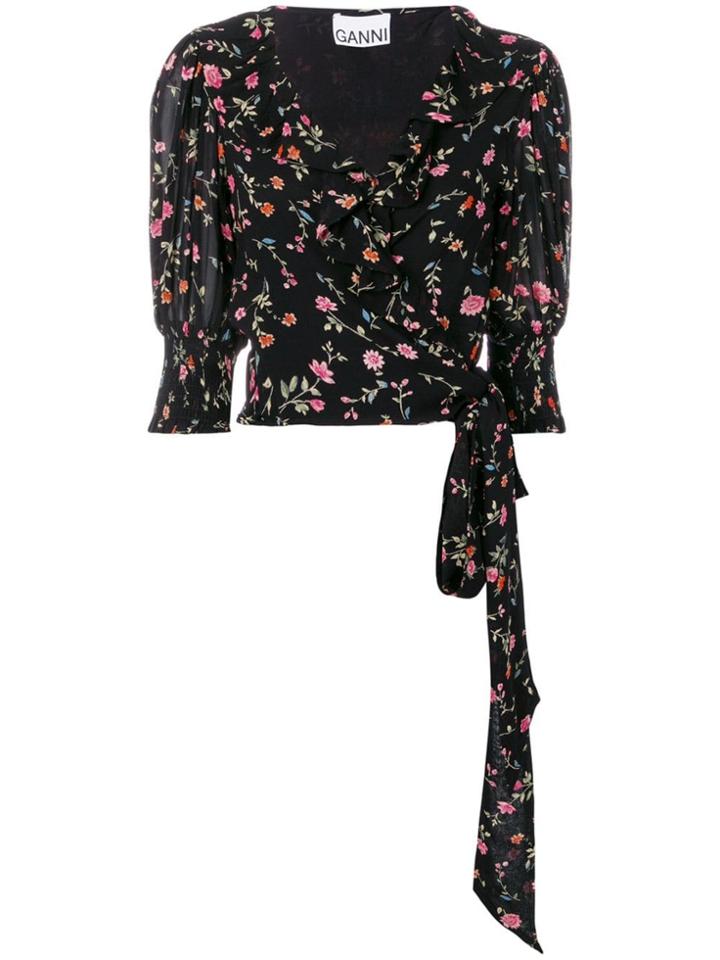 Ganni Floral Print Wrap Top - Black