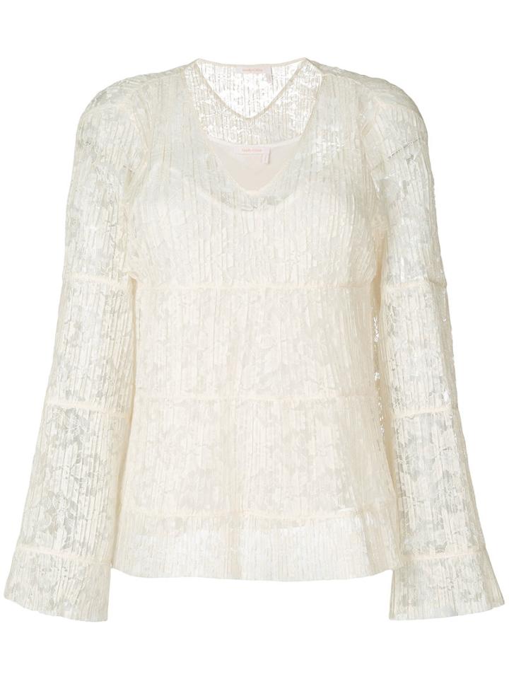 See By Chloé - 'pleated Lace V-neck' Bell Sleeve Blouse - Women - Polyester/viscose - 38, Nude/neutrals, Polyester/viscose