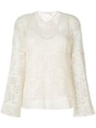 See By Chloé - 'pleated Lace V-neck' Bell Sleeve Blouse - Women - Polyester/viscose - 38, Nude/neutrals, Polyester/viscose