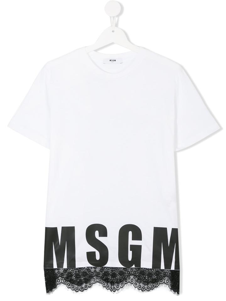 Msgm Kids Lace-trimmed Logo T-shirt - White