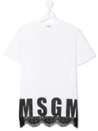 Msgm Kids Lace-trimmed Logo T-shirt - White