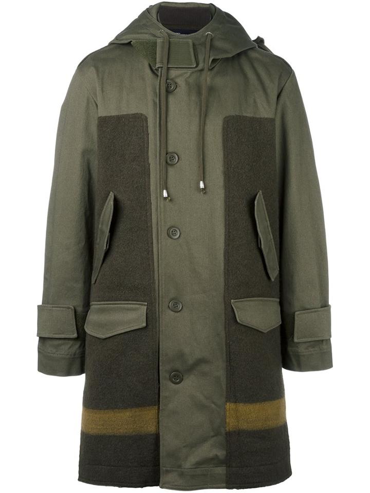 Cy Choi Hooded Panelled Coat, Men's, Size: 46, Green, Cotton/acrylic/nylon/wool