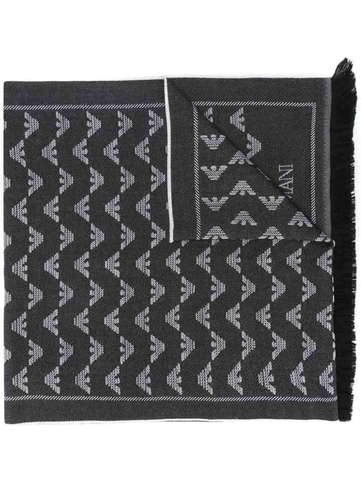 Emporio Armani Logo Print Fringed Scarf - Black
