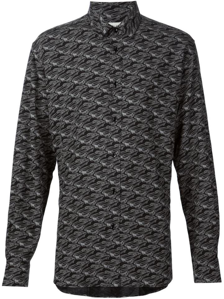Saint Laurent Signature Yves Collar Printed Shirt, Men's, Size: 41, Black, Viscose