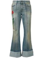 Gucci Embroidered Flared Jeans With Turned Cuffs - Blue