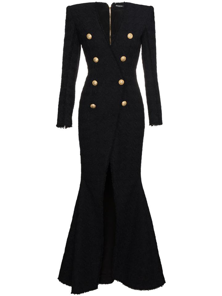 Balmain V-neck Long Sleeve Slit Gown - Black