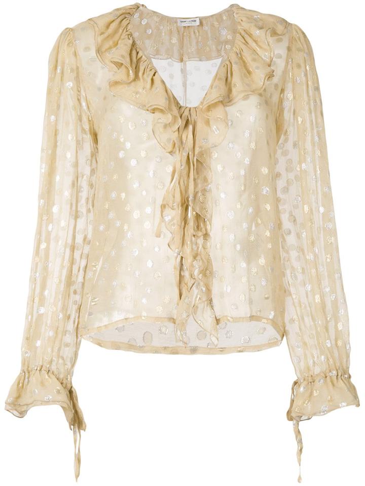 Saint Laurent Polka Dot Sheer Ruffle Blouse - Neutrals