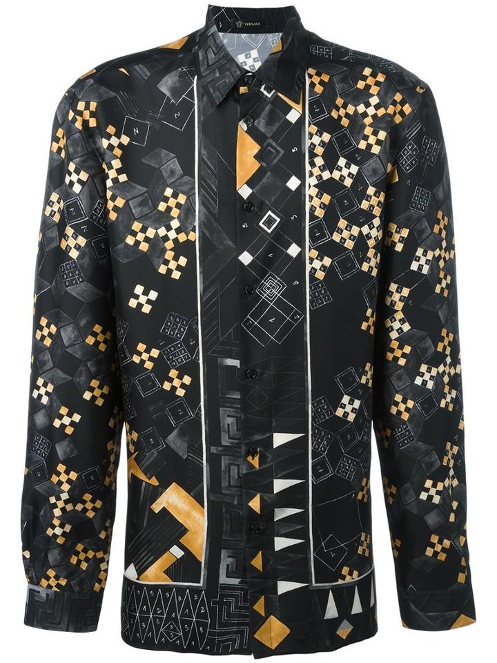 Versace Domino Print Shirt, Men's, Size: 39, Silk