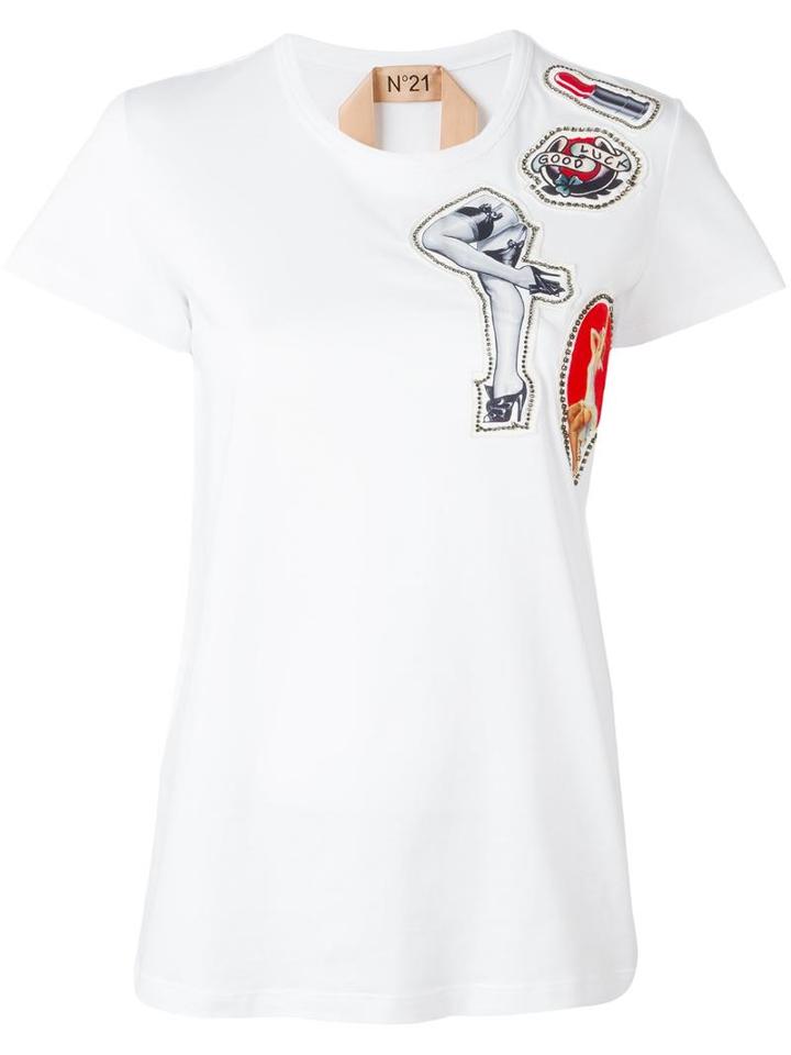 No21 Multiple Patches T-shirt, Women's, Size: 42, White, Cotton/polyester/glass/metal (other)