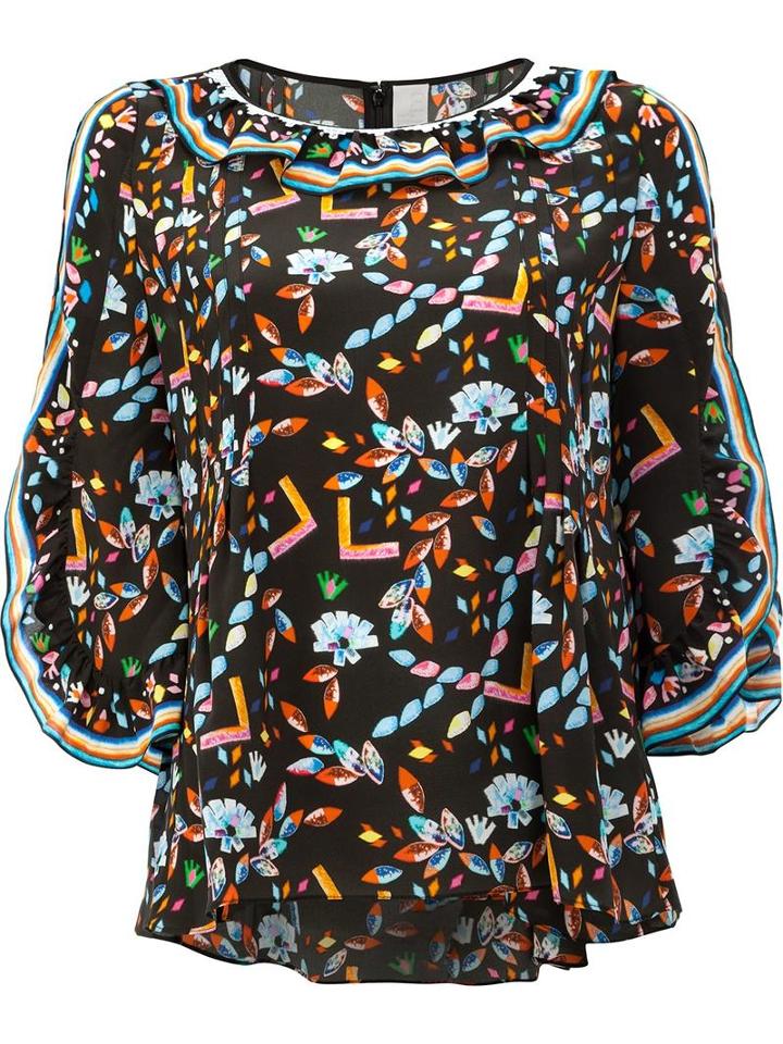 Peter Pilotto Printed Ruffle Trim Blouse, Women's, Size: 12, Black, Silk