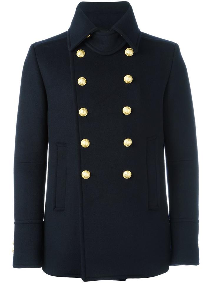 Balmain Cropped Double Breasted Overcoat, Men's, Size: 54, Blue, Cotton/wool