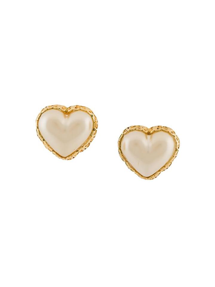 Chanel Vintage Pearl Heart Clip On Earrings