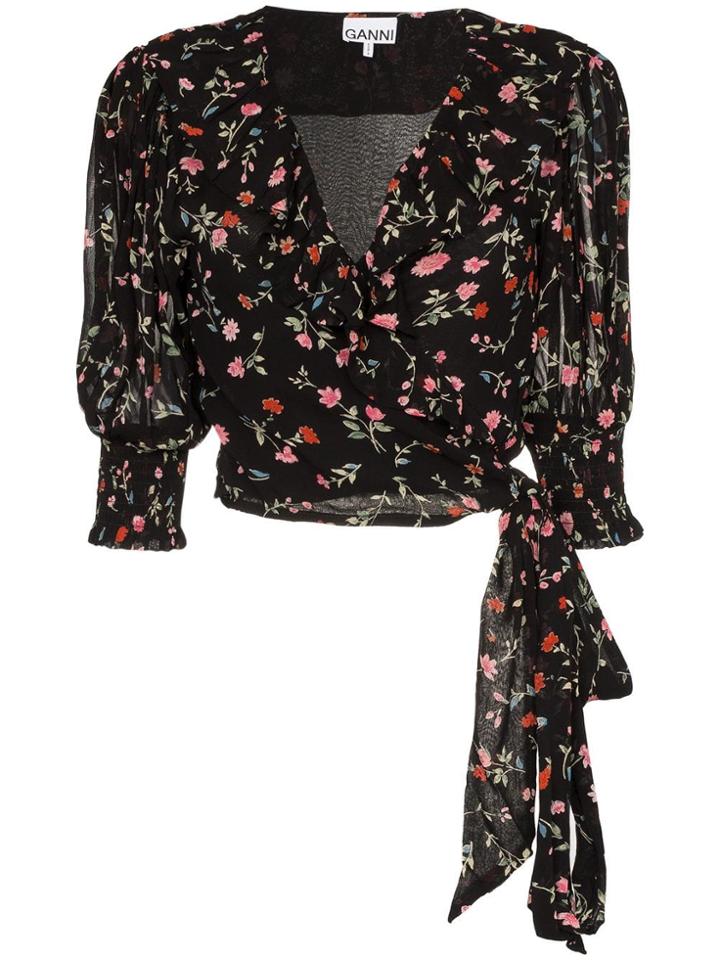 Ganni Elm Floral-print Georgette Wrap Top - Black