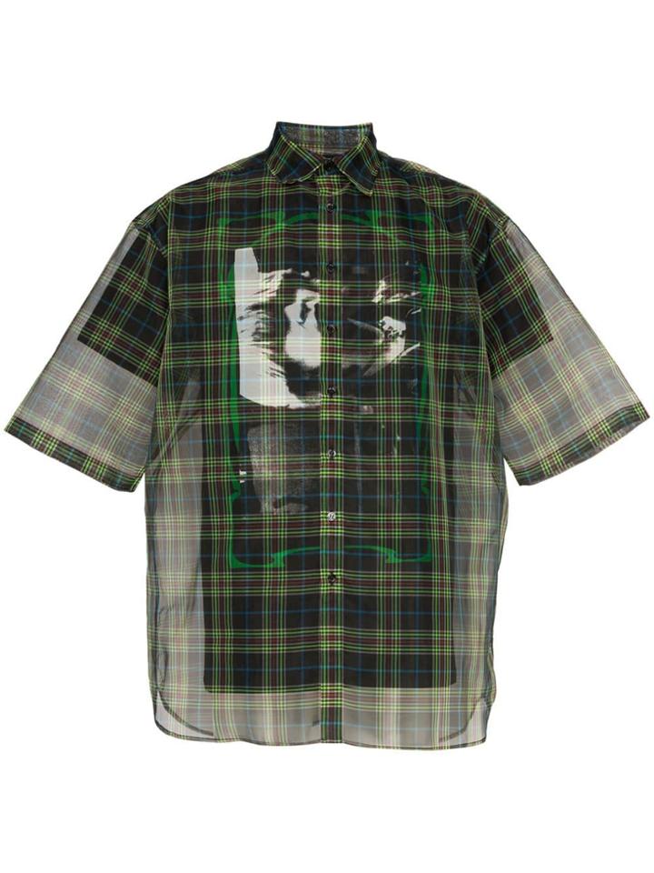 Raf Simons Check Print Double Layer Sheer Cotton Blend Shirt - Black