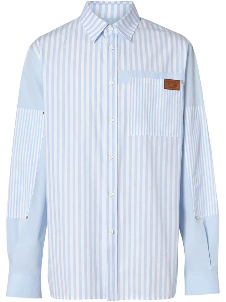 Burberry Logo Detail Patchwork Striped Cotton Shirt - Blue