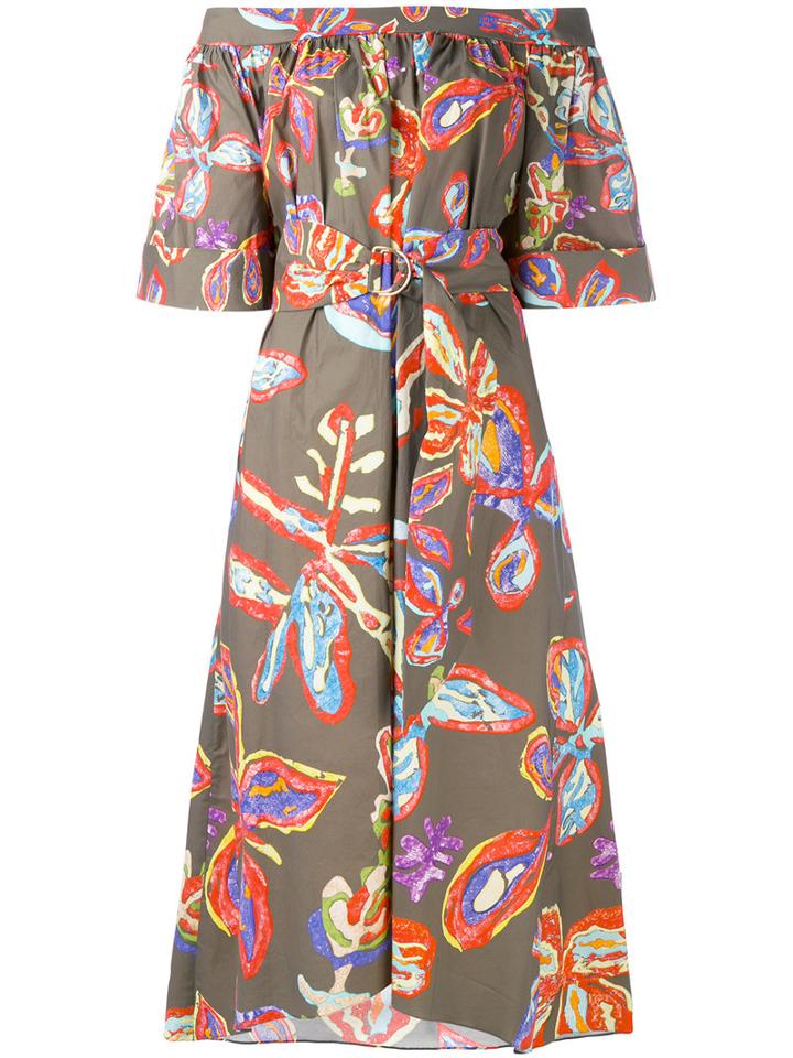 Peter Pilotto - Graphic Floral Bardot Dress - Women - Cotton/spandex/elastane - 10, Green, Cotton/spandex/elastane