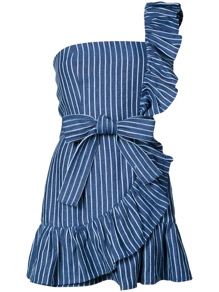 Alexis Striped Print Frill Trim One Shoulder Dress - Blue
