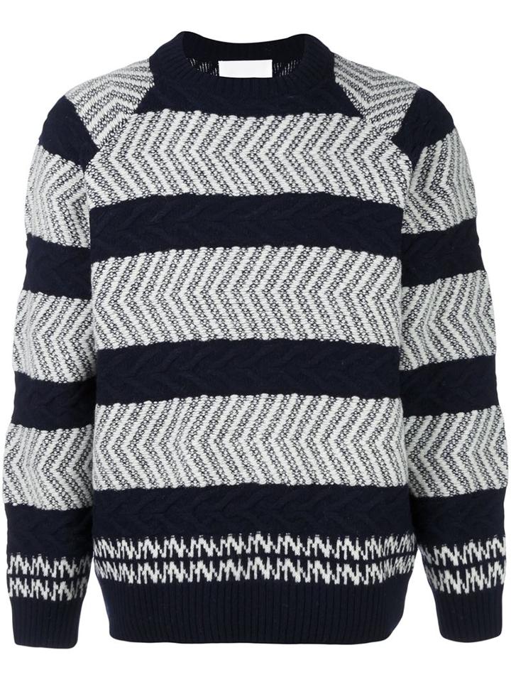 White Mountaineering Textured Stripe Jumper, Men's, Size: 3, Blue, Wool