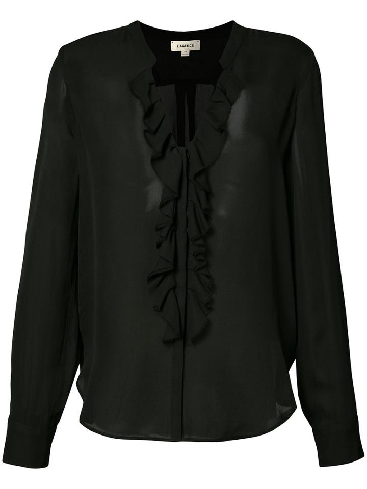 L'agence Sheer Ruffle Front Blouse, Women's, Size: Medium, Black, Silk