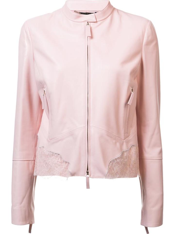 Roberto Cavalli Lace Insert Leather Jacket, Women's, Size: 42, Pink/purple, Polyamide/viscose