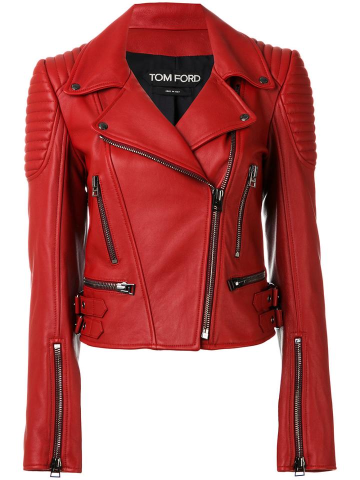Tom Ford - Ribbed Detail Biker Jacket - Women - Silk/lamb Skin - 38, Red, Silk/lamb Skin