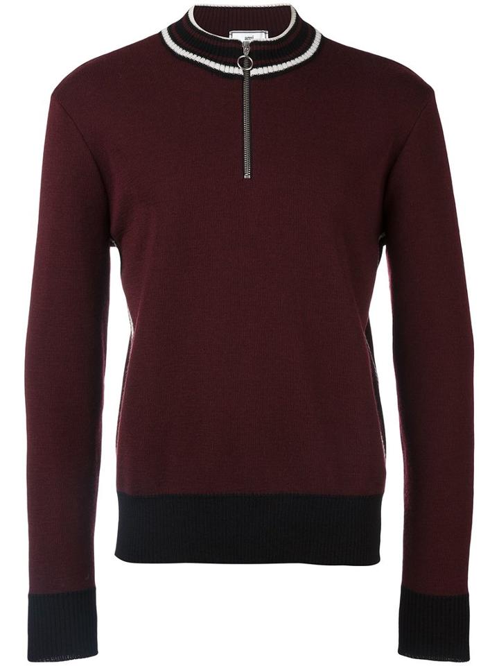 Ami Alexandre Mattiussi Zipped Collar Sweater, Men's, Size: Small, Red, Virgin Wool
