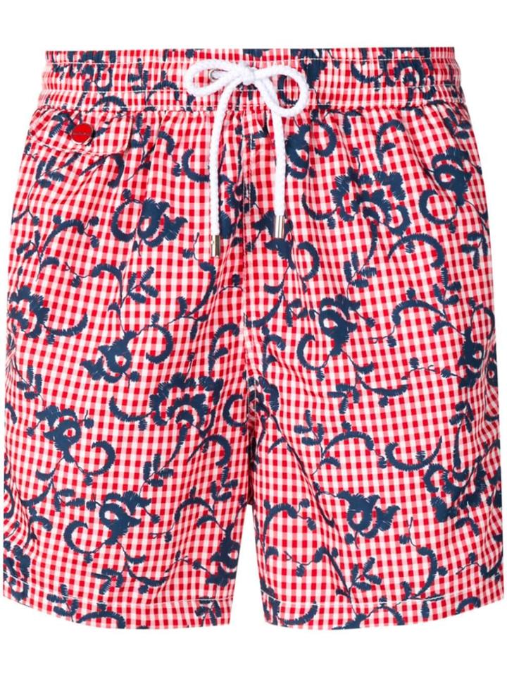 Kiton Gingham Print Swim Shorts - Red