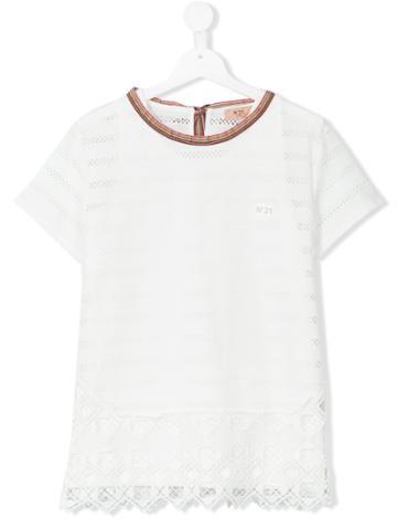 No21 Kids - Lace-up Collar T-shirt - Kids - Cotton/polyester/spandex/elastane - 14 Yrs, White