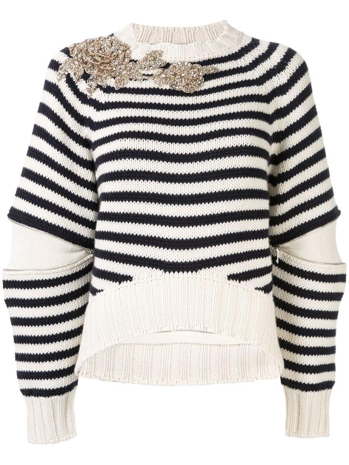 Alexander Mcqueen Embellished Striped Knit Sweater - White