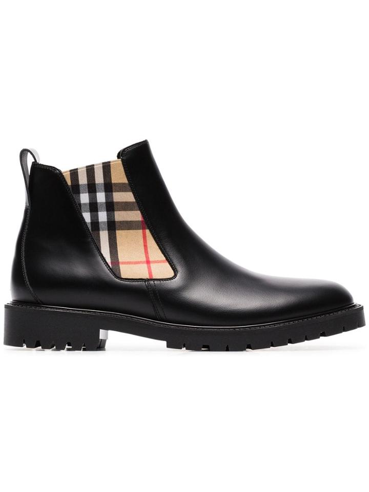 Burberry Black Check Panel Leather Chelsea Boots