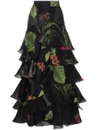 Johanna Ortiz Silk Floral Tiered Ruffle Skirt - Black