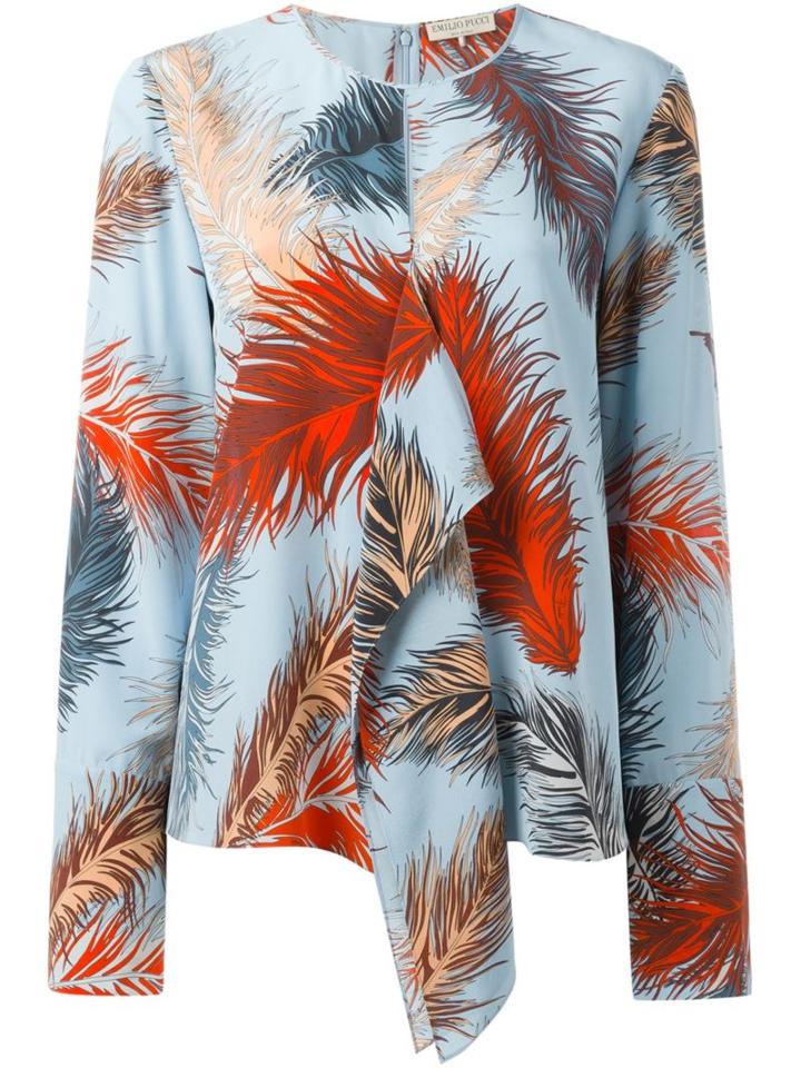 Emilio Pucci Feather Print Blouse, Women's, Size: 42, Blue, Silk