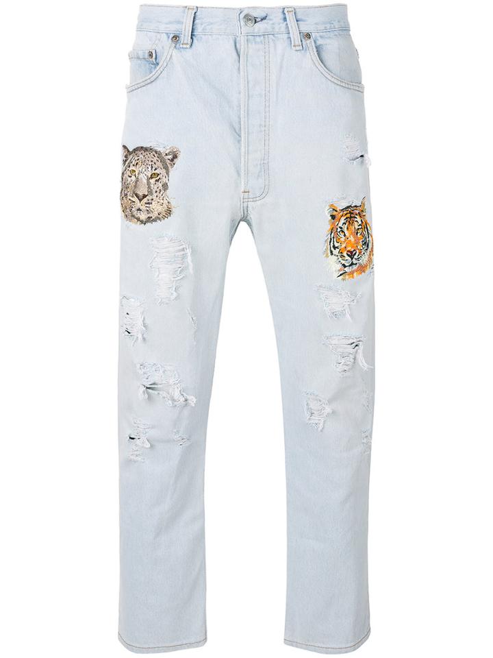 History Repeats Distressed Embroidered Jeans, Men's, Size: 52, Blue, Cotton