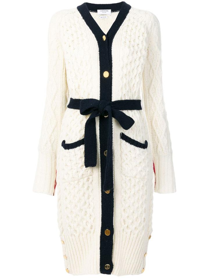 Thom Browne Long Cable Knit V-neck Cardigan Coat - White