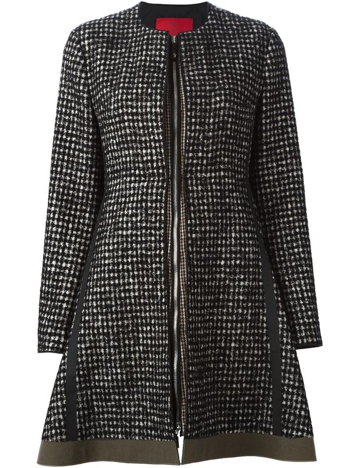 Moncler Gamme Rouge Checked Zipped Flared Coat, Women's, Size: 2, Black, Polyamide/polyester/virgin Wool