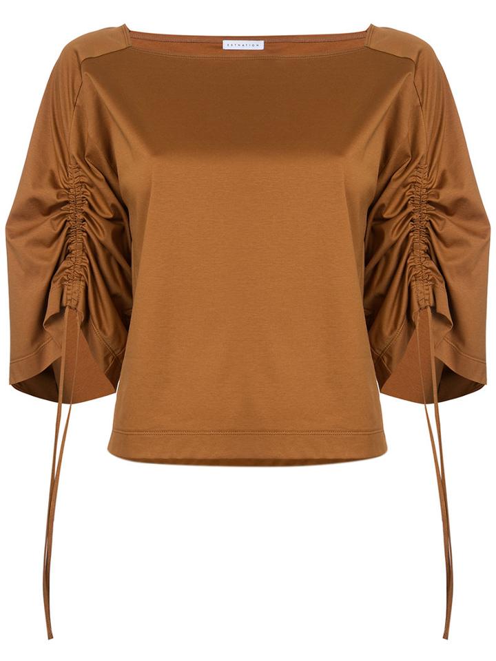 Estnation - Ruched Sleeve Blouse - Women - Cotton - 38, Brown, Cotton