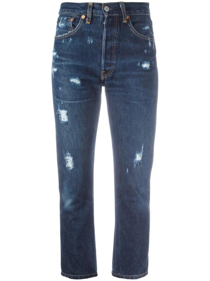 Re/done Destroyed Cropped Jeans, Women's, Size: 25, Blue, Cotton
