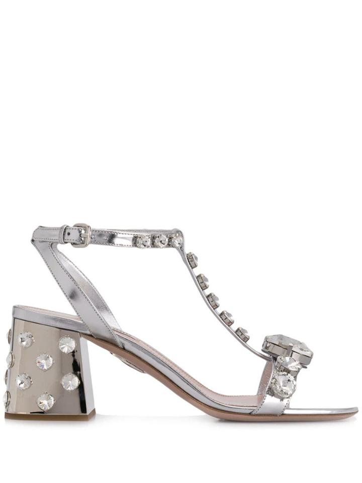 Miu Miu Embellished Leather Sandals - Silver
