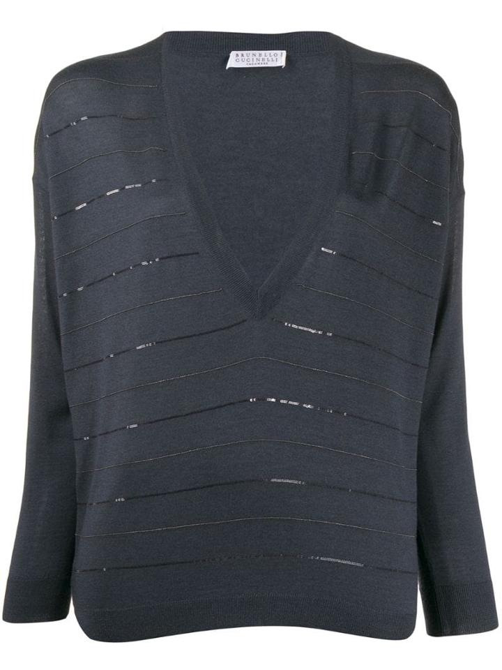 Brunello Cucinelli Striped V Neck Jumper - Blue