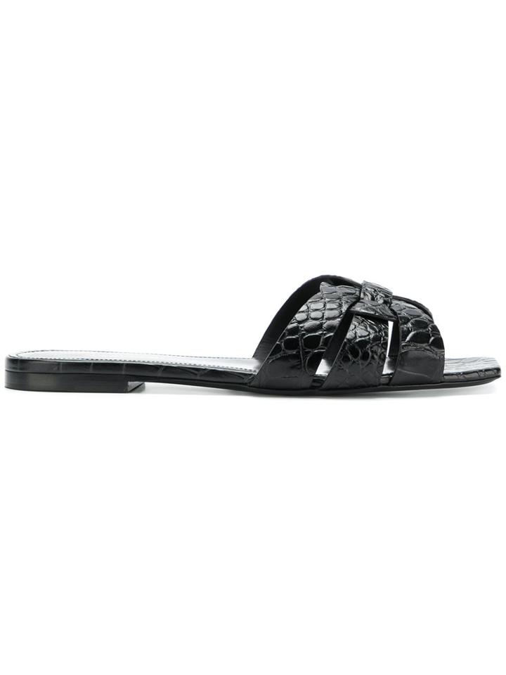 Saint Laurent Crocodile Embossed Nu Pieds 05 Slides - Black