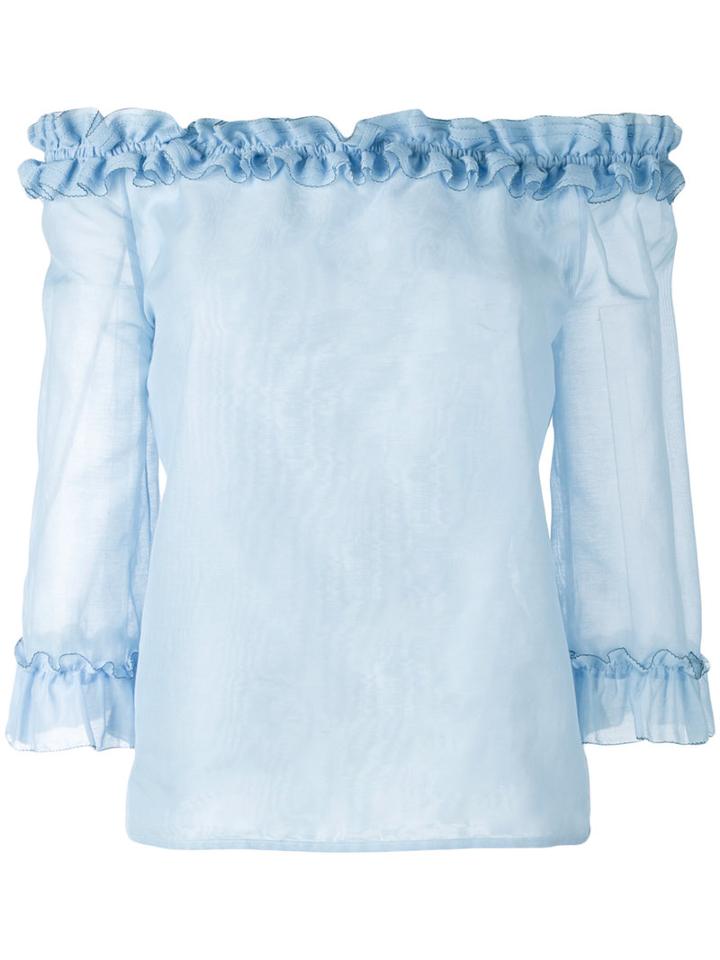 Blumarine Ruffled Off-the-shoulder Top, Women's, Size: 40, Blue, Cotton/silk