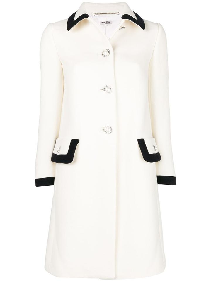 Miu Miu Button Embellished Contrast-trim Coat - White