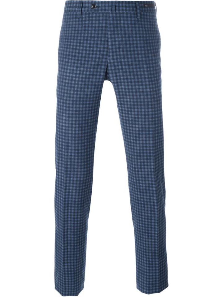 Pt01 Checked Slim Fit Straight Leg Trousers, Men's, Size: 54, Blue, Cotton/linen/flax/spandex/elastane