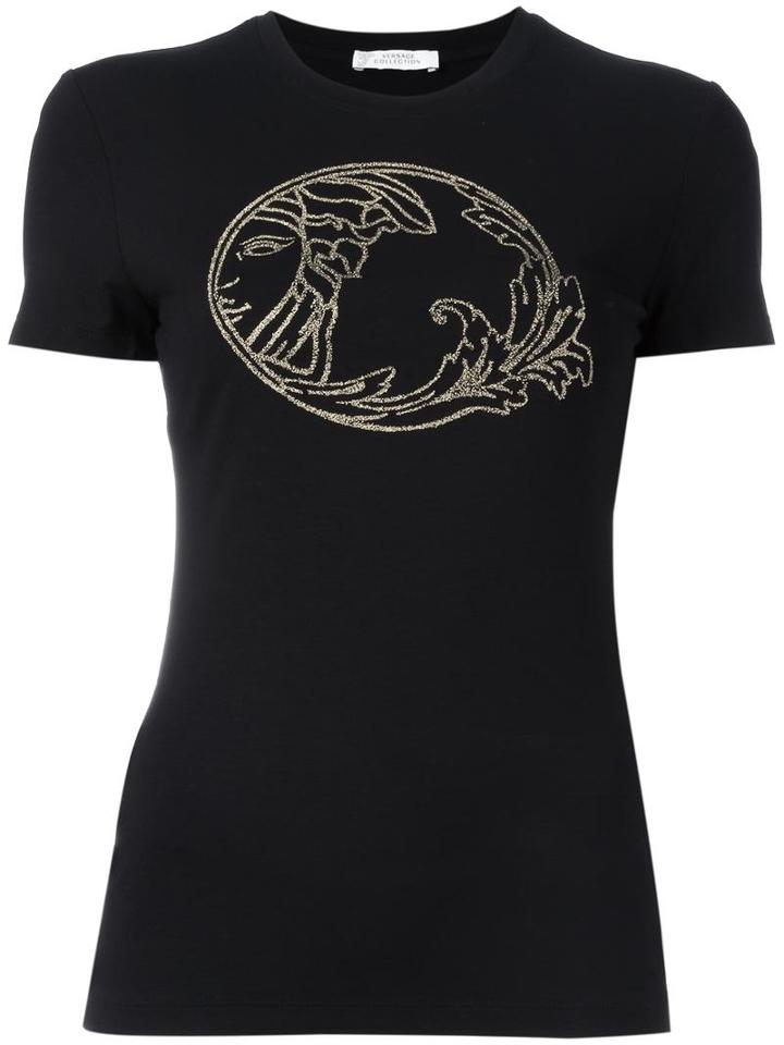 Versace Collection Embellished Logo T-shirt, Women's, Size: 42, Black, Viscose/spandex/elastane