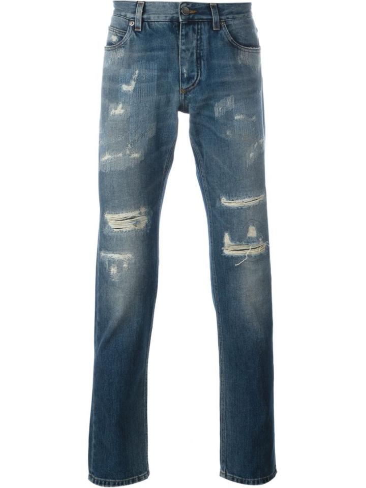 Dolce & Gabbana Distressed Jeans, Men's, Size: 52, Blue, Cotton/calf Leather/zamak