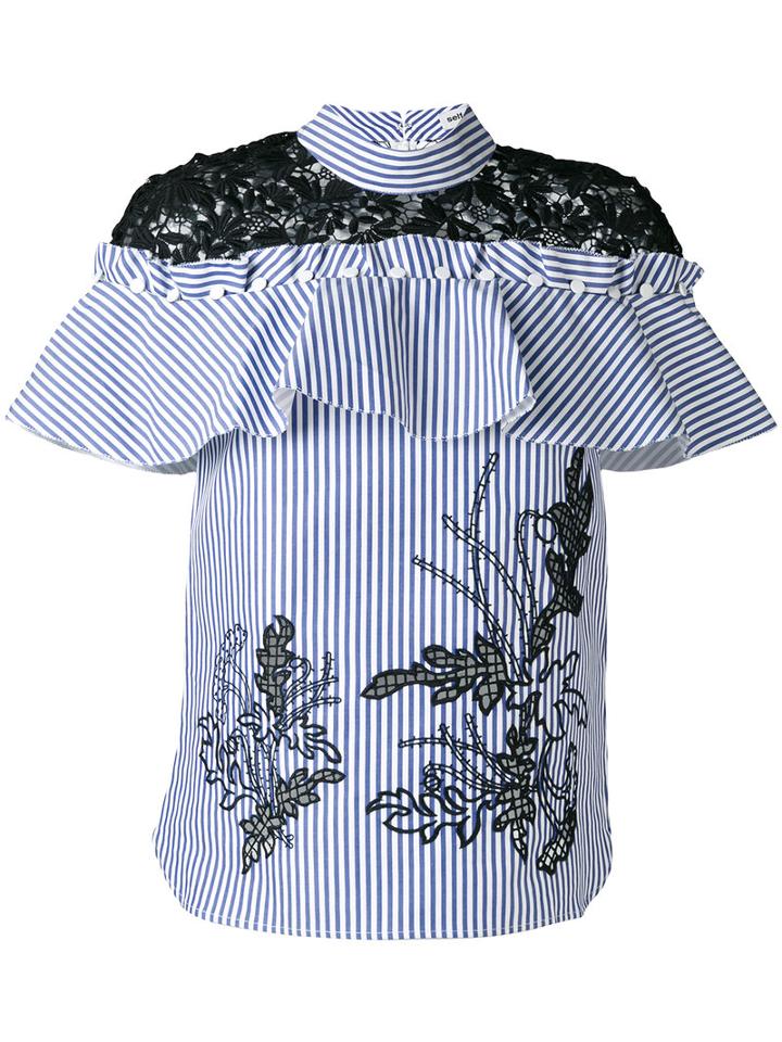 Self-portrait - Macramé Detail Striped Blouse - Women - Cotton/polyester - 10, Blue, Cotton/polyester