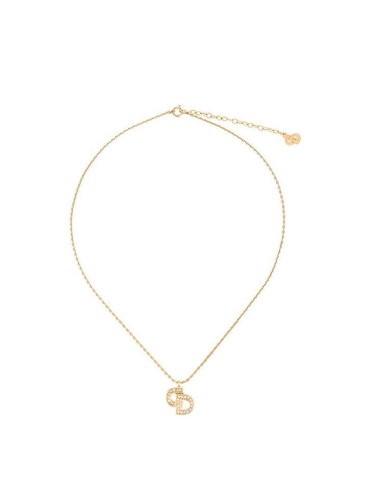 Christian Dior Pre-owned Rhinestone Cd Logo Necklace - Gold