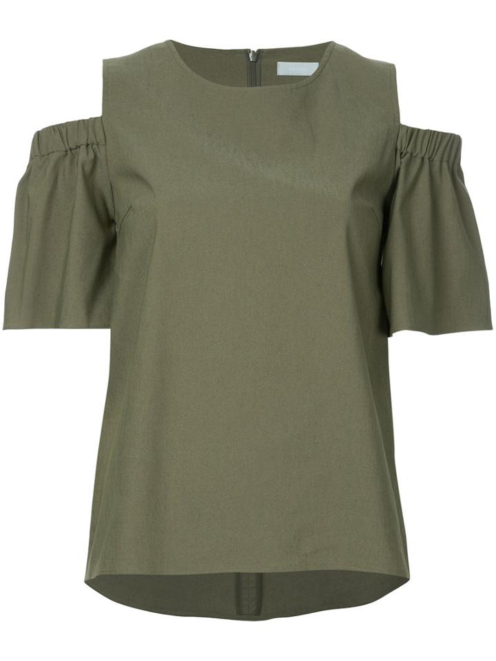 Estnation - Frill Sleeve Cold Shoulder Top - Women - Polyester - 38, Green, Polyester