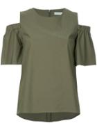 Estnation - Frill Sleeve Cold Shoulder Top - Women - Polyester - 38, Green, Polyester